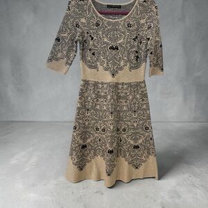 Peruvian Connection Beige and navy blue Paisley-Print Knit Midi Dress